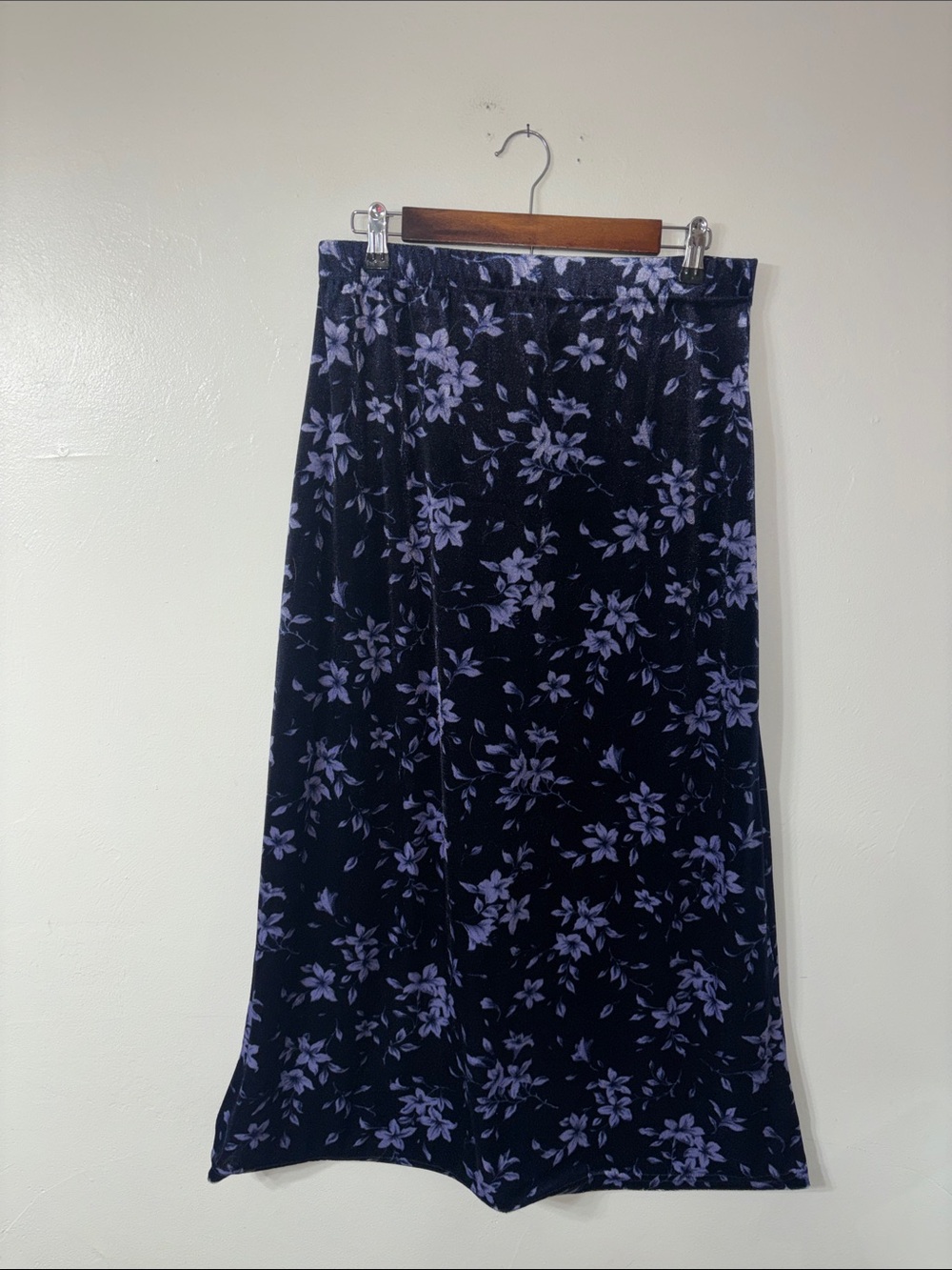 Vintage Kathie Lee Navy Blue Purple Velvet Maxi Skirt Floral Print Whimsy Fairie
